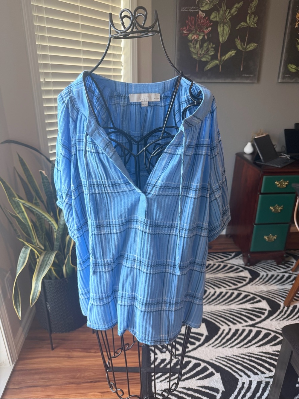 LOFT Light Blue Plaid V-Neck Blouse LP